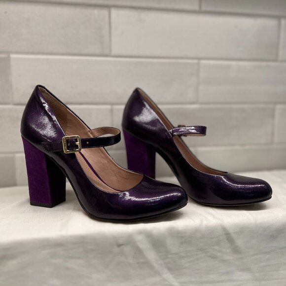 VINCE CAMUTO Vionet Mary Jane Eggplant Patent Leather Pumps Suede Heel Size 6.5 - Picture 1 of 8